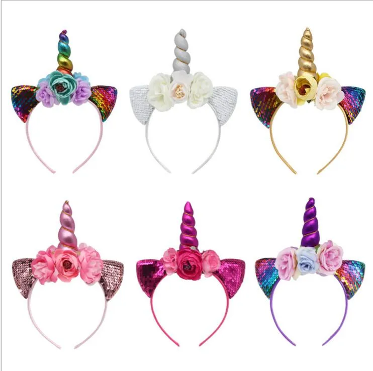 Cekiny Unicorn Baby Girls Hairband Kids Glitter Rainbow Headband Dzieci Kot Uszy Włosów Kije Nakrycia głowy Boutique Akcesoria do włosów LT183