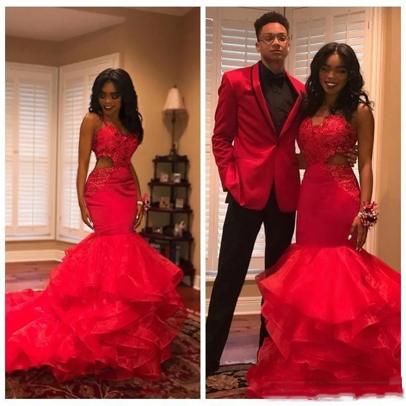 2019 New Sexy Red Suknie Wieczorowe Mermaid Spaghetti Koronki Bez Rękawów Aplikacje Zroszony Tulle Wielopoziomowy Prom Dress Party Page Cormal Suknie