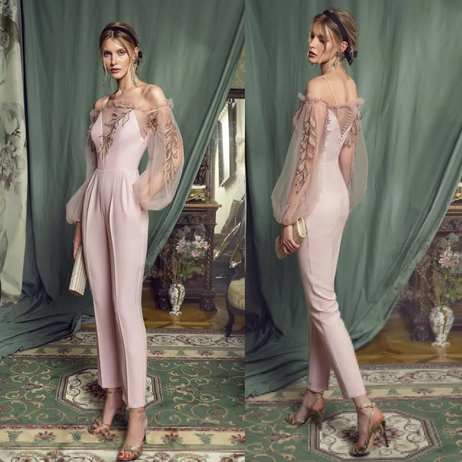 Rosa Vintage-Jumpsuits, Ballkleider, sexy Langarm-Spitze-Applikationen, formelles Abendkleid, Spaghetti-Ausschnitt, Party-Kleider