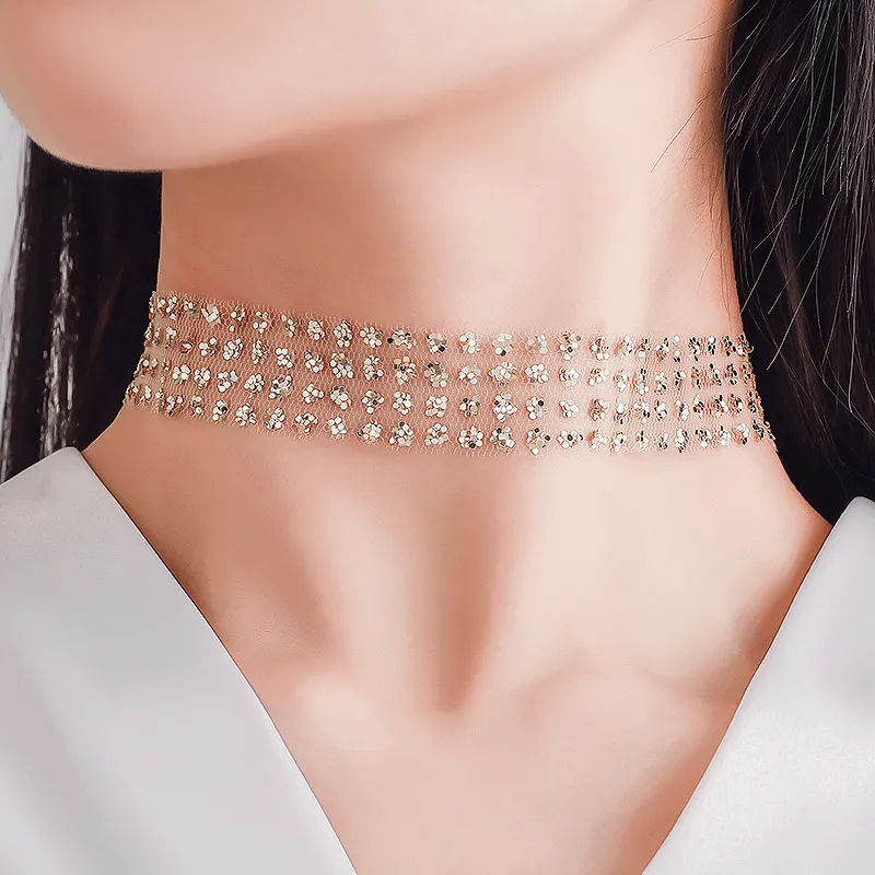 Bijoux de mode chaude collier ras du cou pour femmes gaze paillettes collier colliers clavicule chaîne collier S313