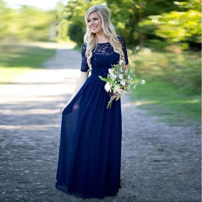 2019 Nowy Navy Blue Country Style Druhna Suknie Z Krótkim Rękawem Rocznika Koronki Szyfonowa Letnia Plaża Długie Drużki Maid of Honor Suknie