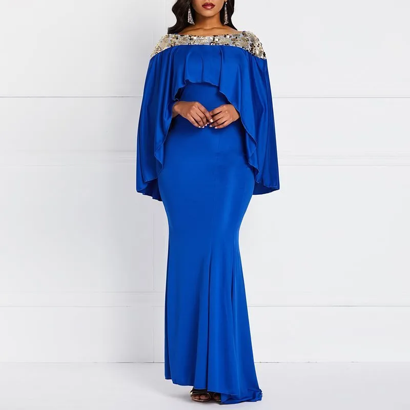 Spring Evening Party Date Mermaid Bodycon Maxi Dress Robe African Women Royal Blue Sequin Cape Ruffle Extra Long Dresses C19041501
