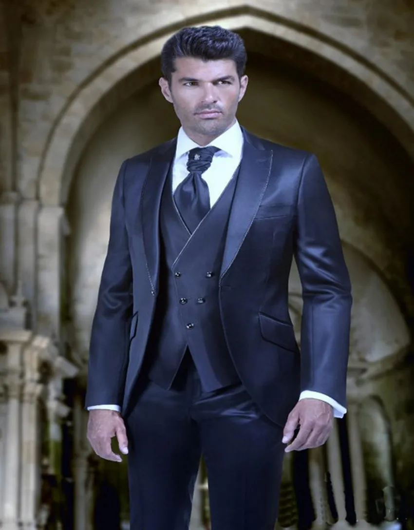 Design clássico azul Noivo Smoking pico lapela Navy One Button Groomsmen Mens vestido de casamento Excelente Man Suit (Jacket + Calças + Vest + Tie) 378