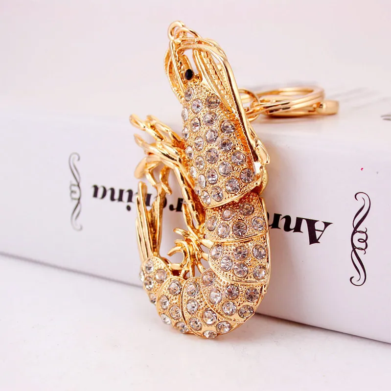 Creativo simpatico portachiavi con gamberetti circondati da diamanti, portachiavi con aragosta, accessori pendenti in metallo, piccolo regalo