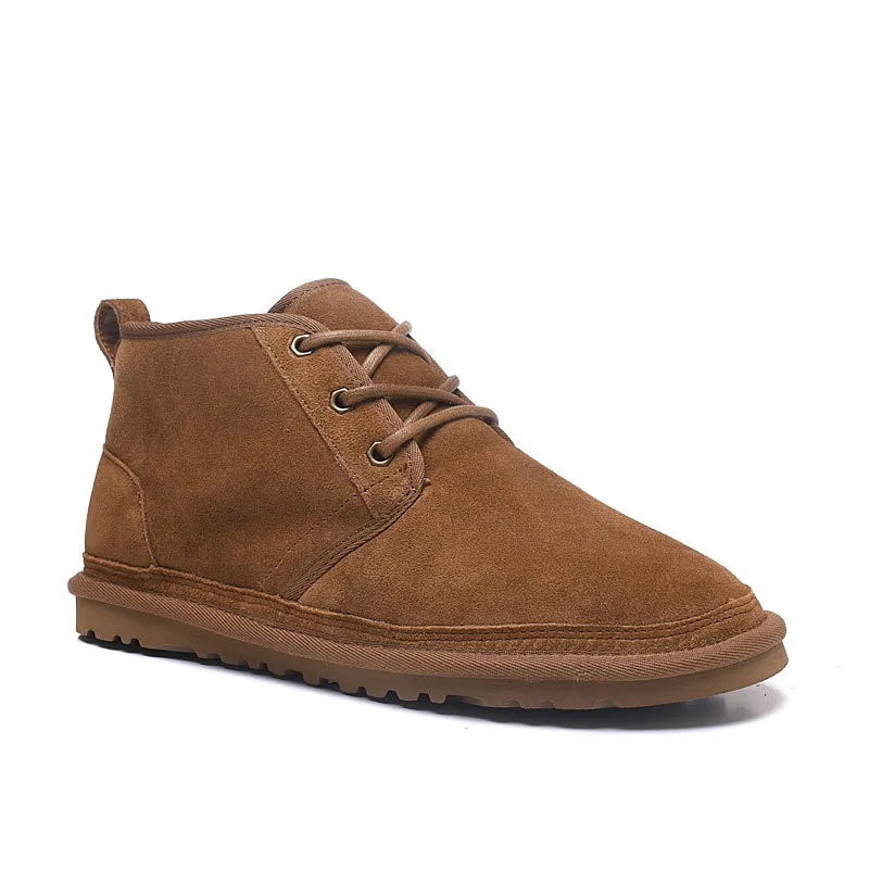Mens Lace-Up Suede Leather Ankle Snow Boots with Plush 