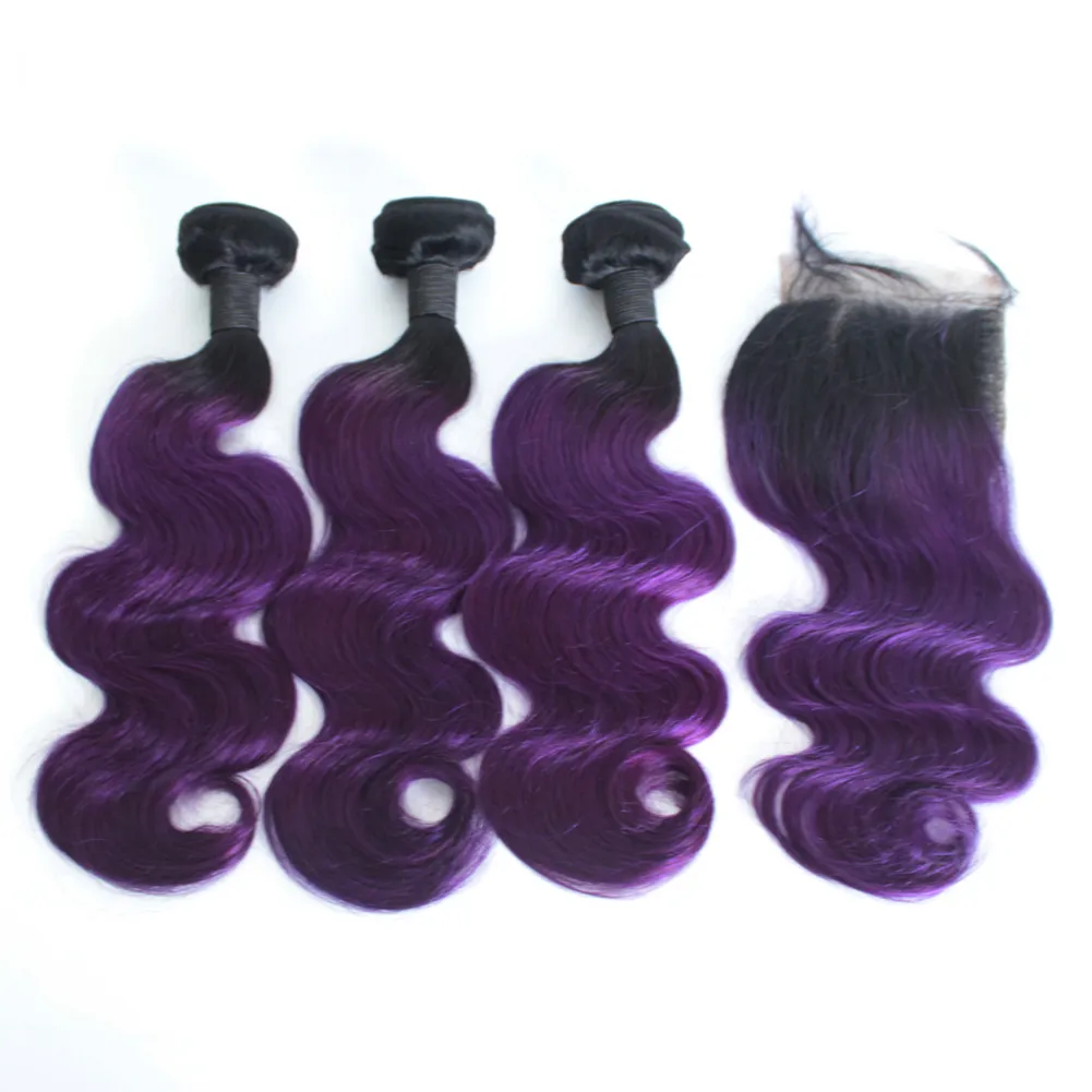 Ombre Body Wave Human Hair Bundles With Lace Frontal Closure 1B/27 1B/30 1B/Purple 1B/99J Ombre Hair With Closure