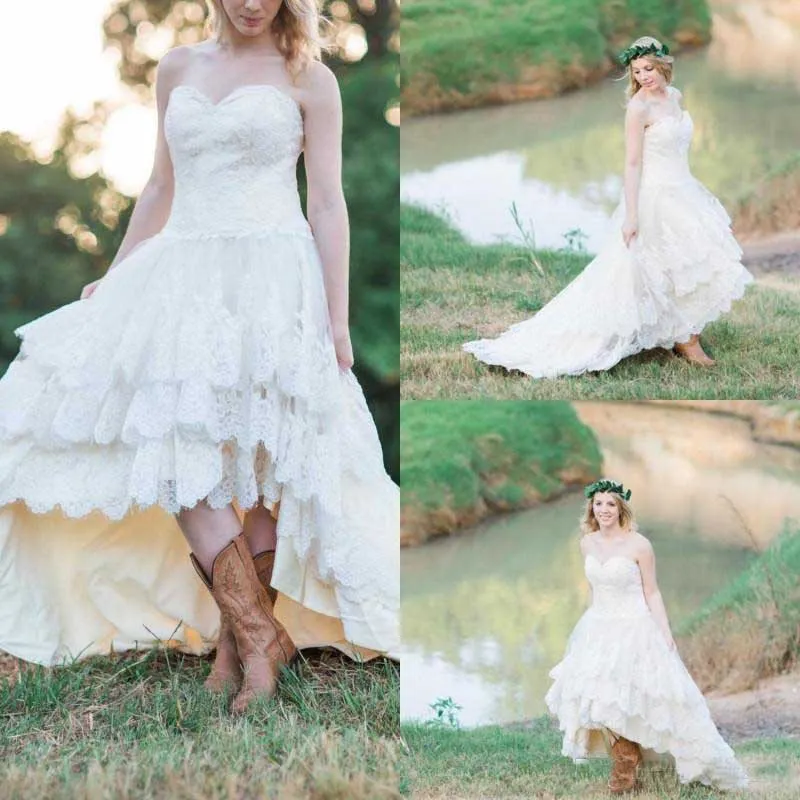 Country Western High Low Trouwjurken Lace Sweetheart Lace Up Back A-lijn Tiered Custom Made Bruidsjurken Plus Size