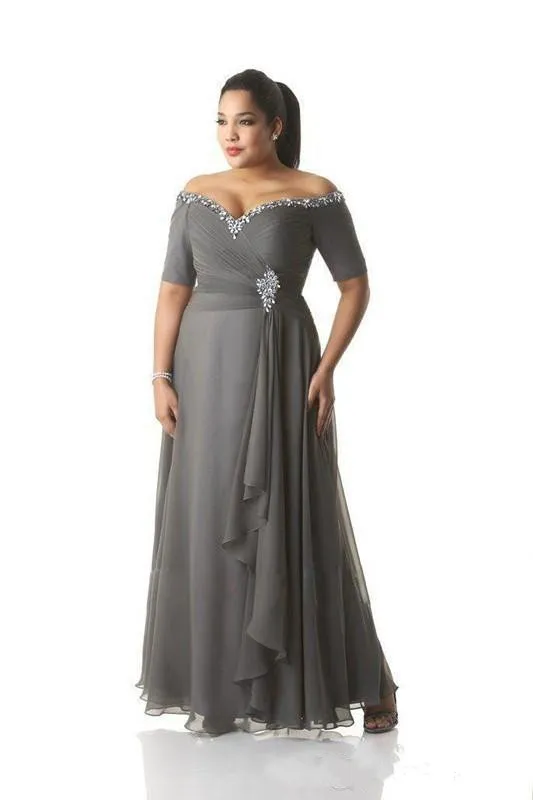 Grijze moeder van de bruid jurken plus size off the shoulder goedkope chiffon prom feestjes lange moeder bruidegom jurken slijtage