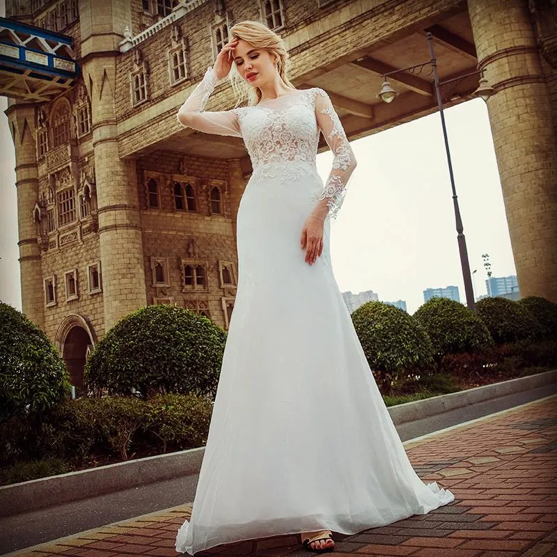 Длинные рукава Кружева Органза Оболочка Свадебное платье 2018 Bateau Wedding Wedding Button Back Bridal Phots