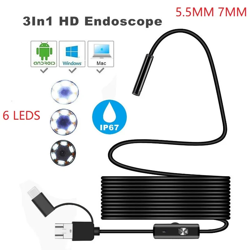 3 в 1 HD смартфон эндоскоп 5.5 мм 7 мм гибкая инспекционная камера Endoscopica 480p бороскоп с USB / Micro USB / Type-C для смартфона пк