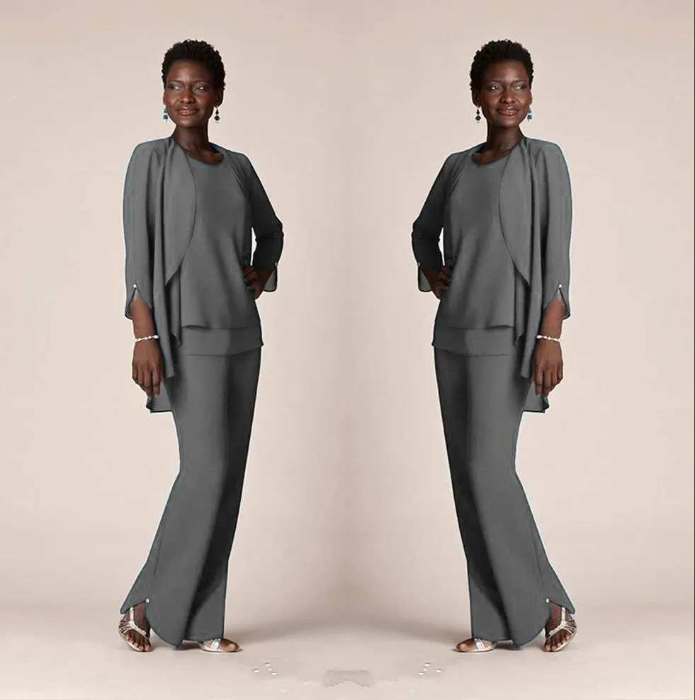 Hot Chiffon Mother of Bride Groom Pant Suits Three Pieces Gray Loose Mother Formal Wear Suits with Long Sleeves Jackets