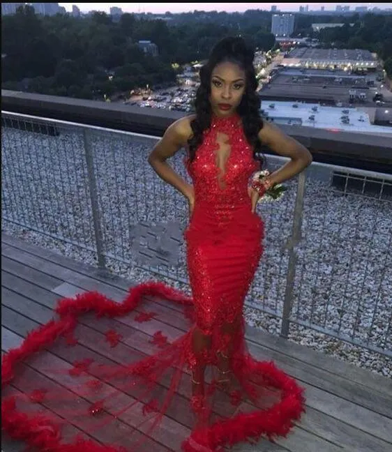 Red African 2019 Mermaid Prom Dresses Feather Sequined Sexy Mermaid Evening Dress Count Train See Through Backless Cocktail Party Gowns