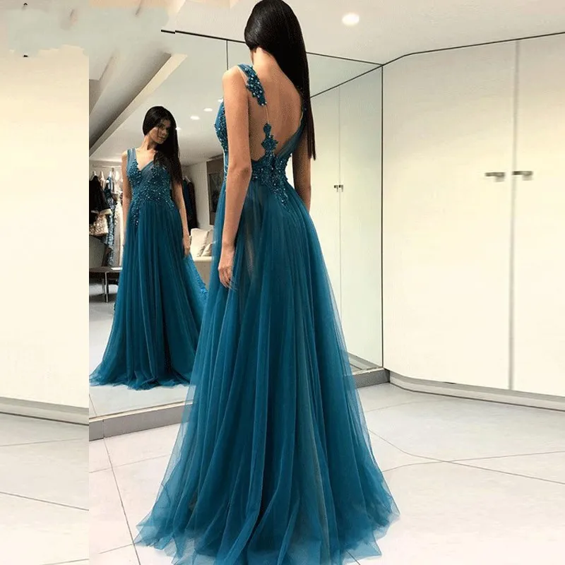 Teal Prom Dresses 2019 A-lijn Applicaties V Neck Beaded Backless Tulle Slit Party Maxys Lange Prom Jurk Avondjurken Robe de Soiree