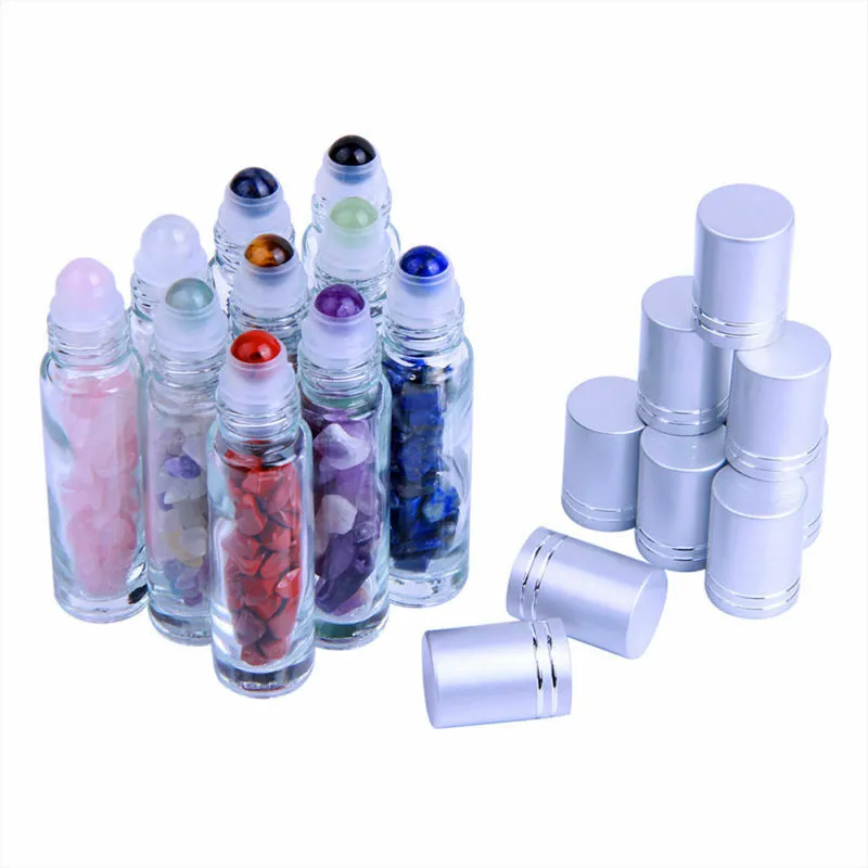 10pcs Natural Gemstone Roller Ball Bottles For Essential Oil Perfume Refillable Crystal Roll on Bottle P219