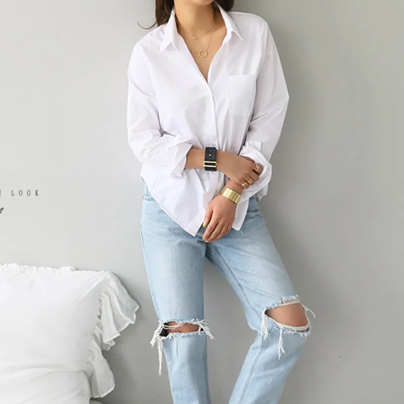 Groothandel-lente één pocket vrouwen wit shirt vrouwelijke blouse tops lange mouw casual turn-down kraag stijl vrouwen losse blouses