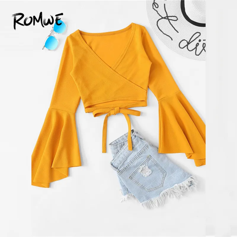 Romwe Mujeres Profundo en V Cuello volantes de manga larga Blusas de cosecha 2019 Playa