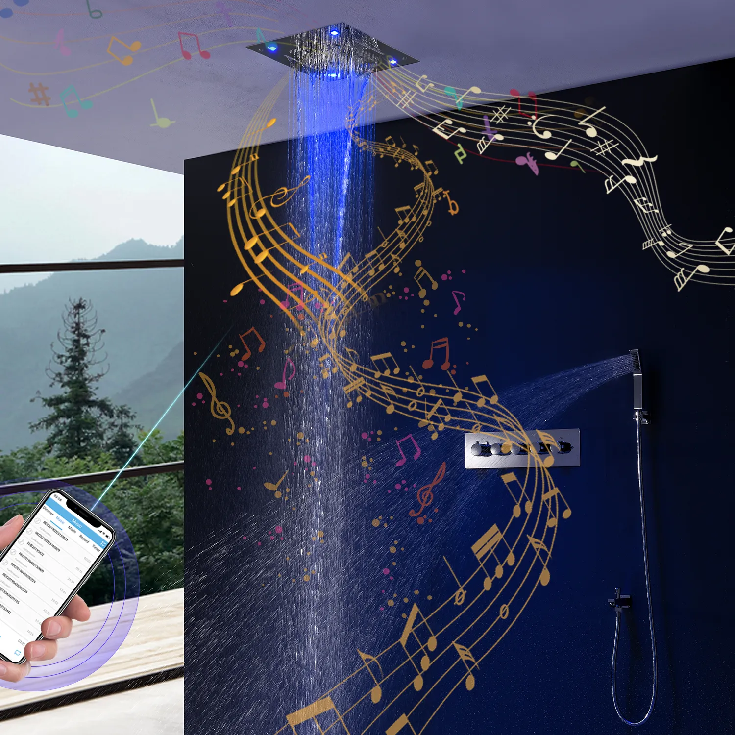 Juego de ducha con música Bluetooth para baño, paneles superiores LED coloridos, cabezal de ducha con cascada de lluvia, mezclador termostático, grifos desviadores