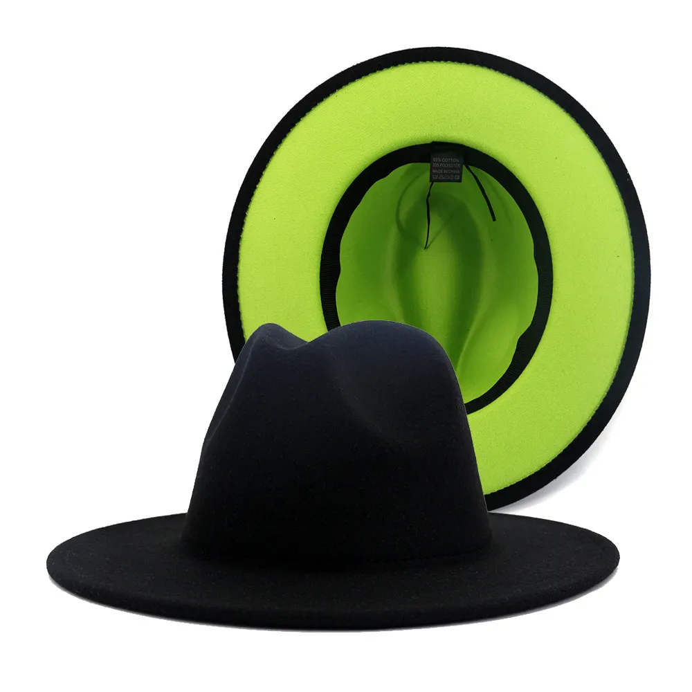 Noir avec fond vert citron Patchwork Jazz Fedora Chapeaux avec bande de feutre noir Femme Homme Chapeau Panama en feutre de laine à large bord