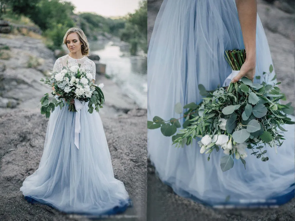 dusty blue wedding dress Sky Blue Rustic Wedding Dress Beach Wedding Gown with Split WD289 US14 / Sky Blue main image 0