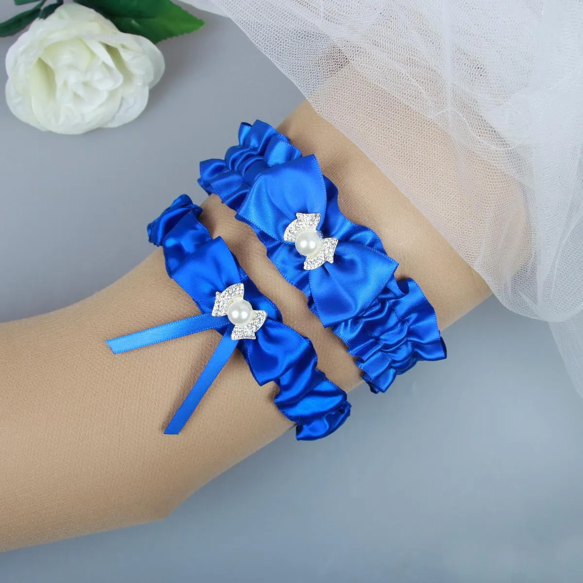 Vintage Satin garter for Wedding Blue Set with Royal Blue Bow for a Stunning Wedding Look Vintage Satin garter for Wedding Blue Set with Royal Blue Bow for a Stunning Wedding Look