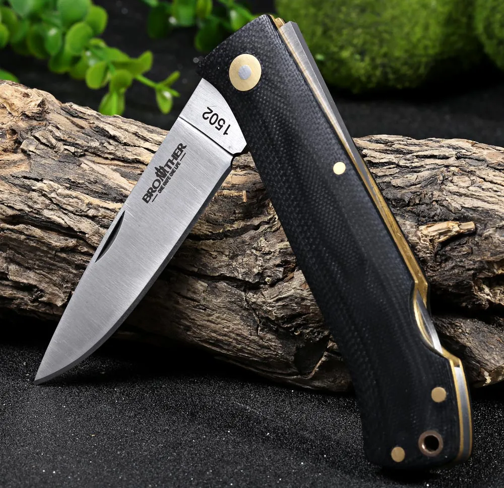 Brother 1502 Pocket folding knives Tactical survival Camping folder brass G10 handle EDC Tool Collection High Quality