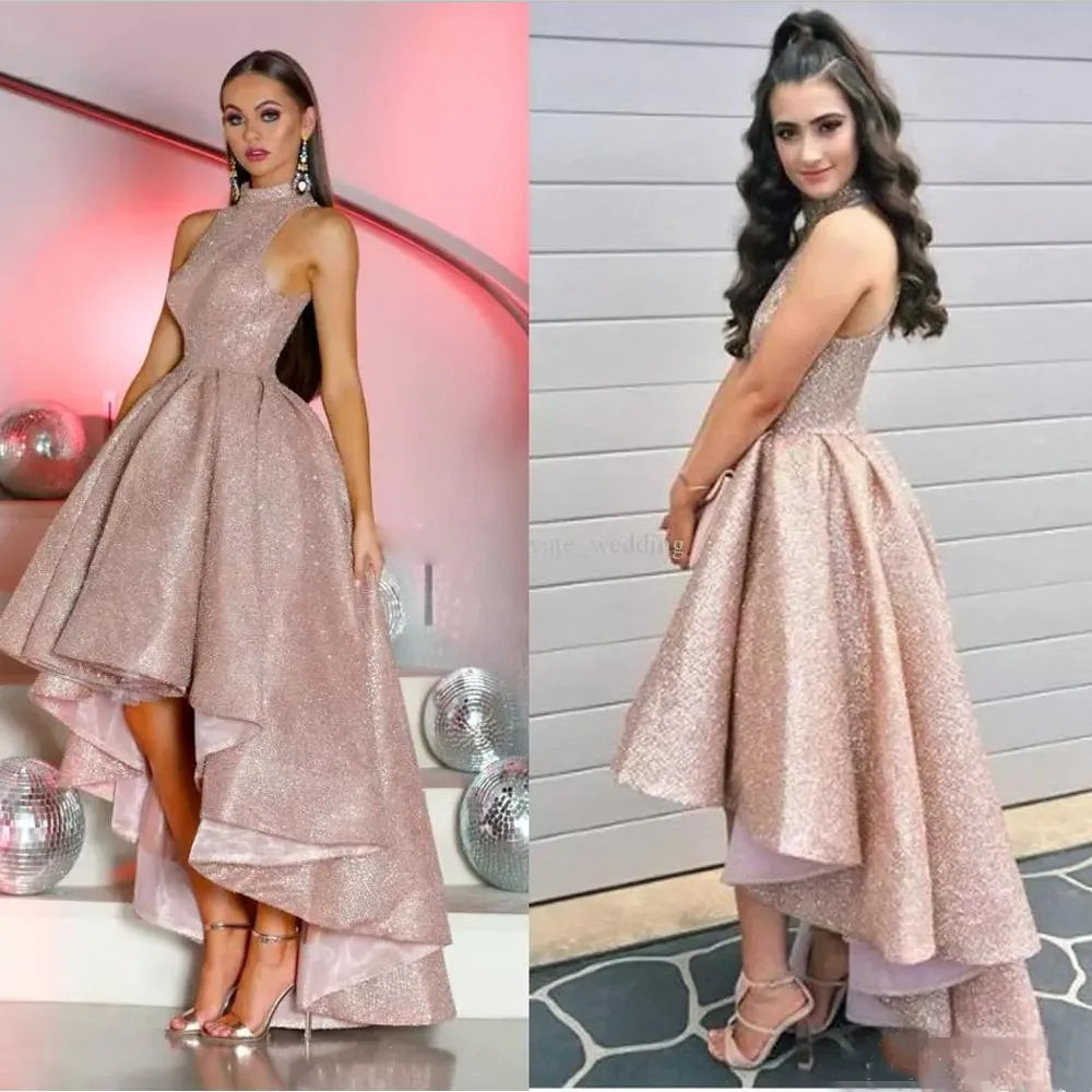 Rose Gold High Low Prom Dresses Full Sequined Arabic High Neck Formal Holidays Wear Graduation Homecoming Evening Party Gowns