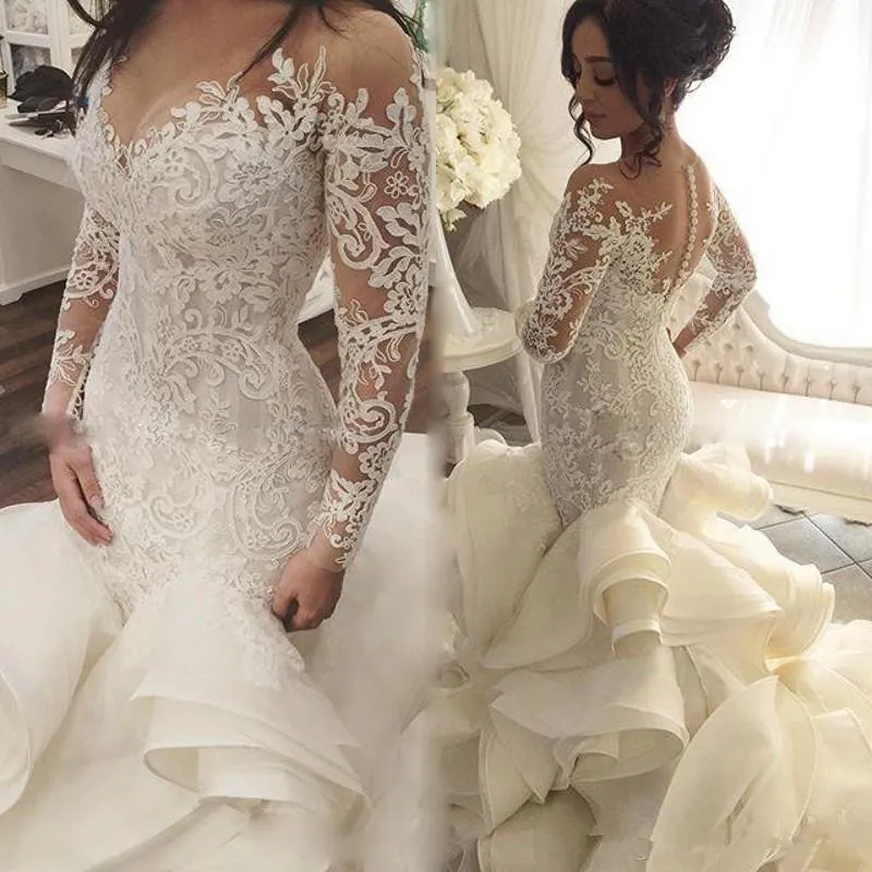 Ruffles Cascading Train Mermaid Wedding Dresses with Long Sleeve 2019 Full Lace Applique Sheer Neck Dubai Arabic Bridal Royal Dress