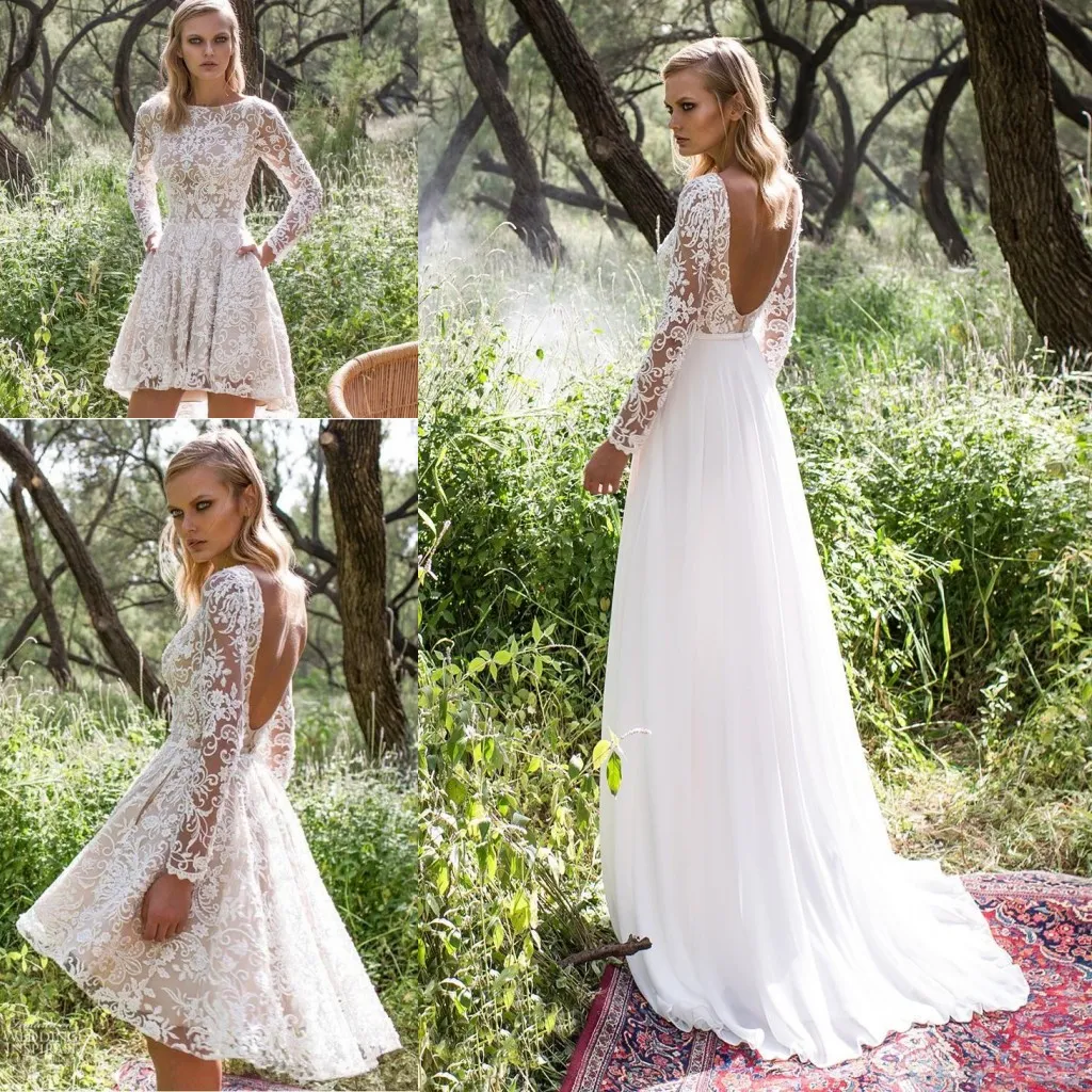 Spring 2019 Country Removable Tulle Overskirt Wedding Dress Long Sleeves A Line High Low Hem Ivory Lace Nude Underneath Custom Bridal Gowns