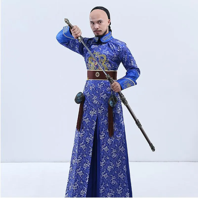 New Arrival Chinese Starożytne Kostium Mężczyzna Film Performance Wear Blue Haftowane Dragon Brocade The Qing Dynastic Prince Odzież