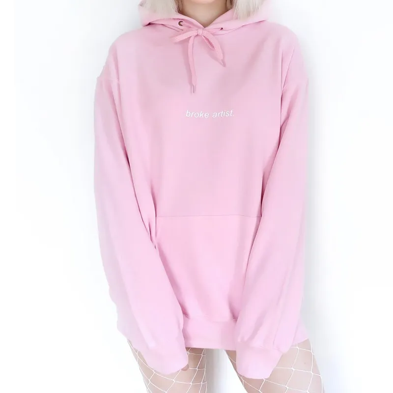 Broke Artist Baby Pink Hoodie Women Causal Sweatshirt Tumblr Inspired Aesthetic Pale Pastel Grunge Aesthetics 90s Art Jumpers Y190829
