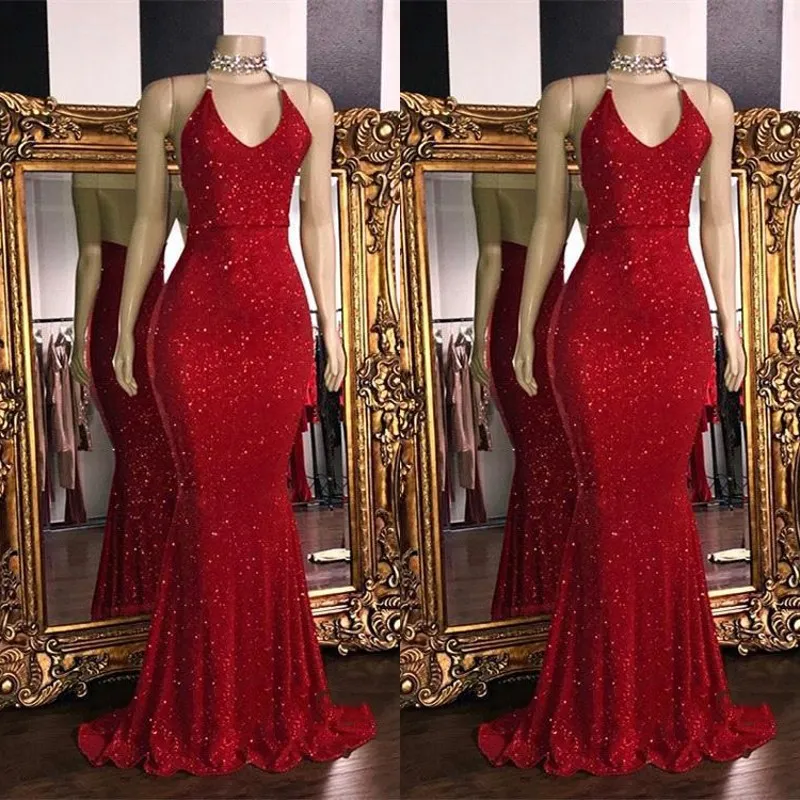 Sparkly Red SequinsSexy V-hals Backless Prom Dresses 2019 Halter Mermaid Lange Prom-jurken Lage Arabische feestjurk BC1085