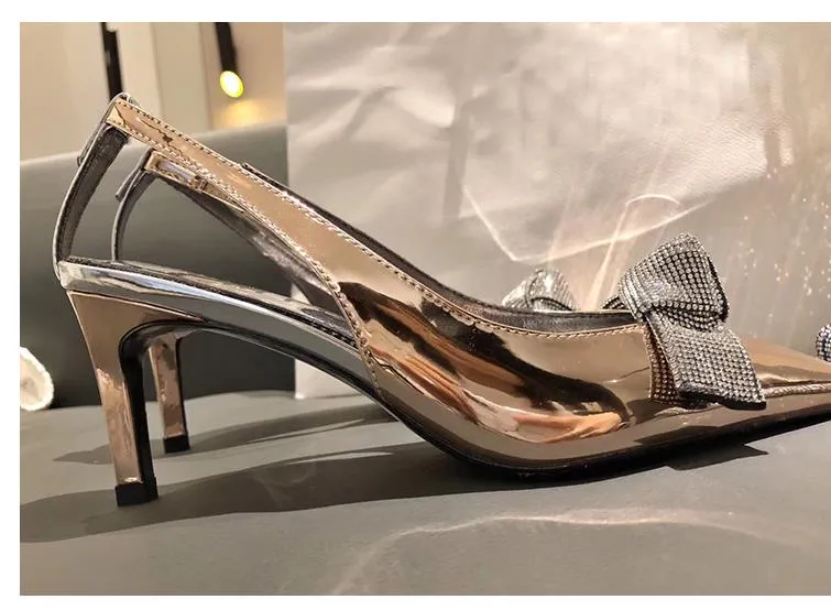 bridal wedding shoes metal patent leather with crystal bowtie kitten heels designer shoes pumps silver gold 6cm size 34 to 40