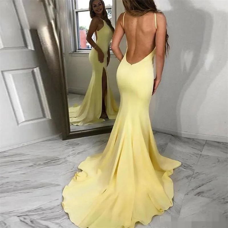 Geel Avond Backless Sexy Jurken Spaghettibandjes Zijsplit Zeemeermin Chiffon Op maat gemaakte Sweep Trein Formele Ocn Wear Prom Party Gown