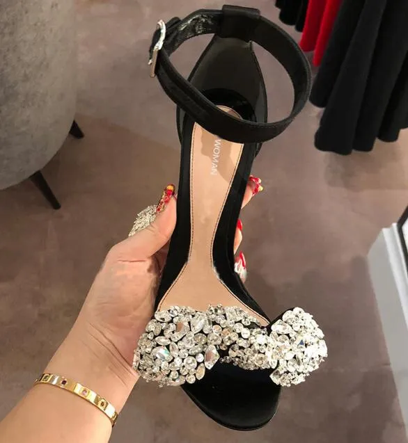 Hot Sale- Diamonds Women High-heeled shoes Women Rhinestones High-heeled shoes Bow Ribbon Satin Ribbon Sexy sandals Banquet shoes Sandal