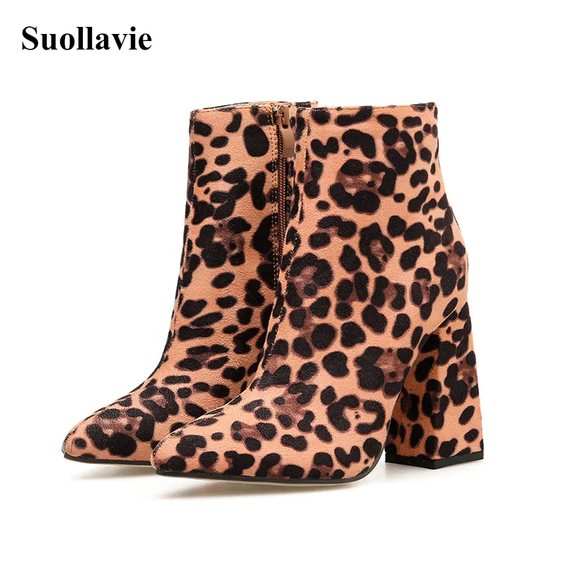 Las mujeres del invierno del leopardo Zapatos de tacones altos 8-13CM elegante Oficina bombea los zapatos de las mujeres impresión animal Botas punta estrecha