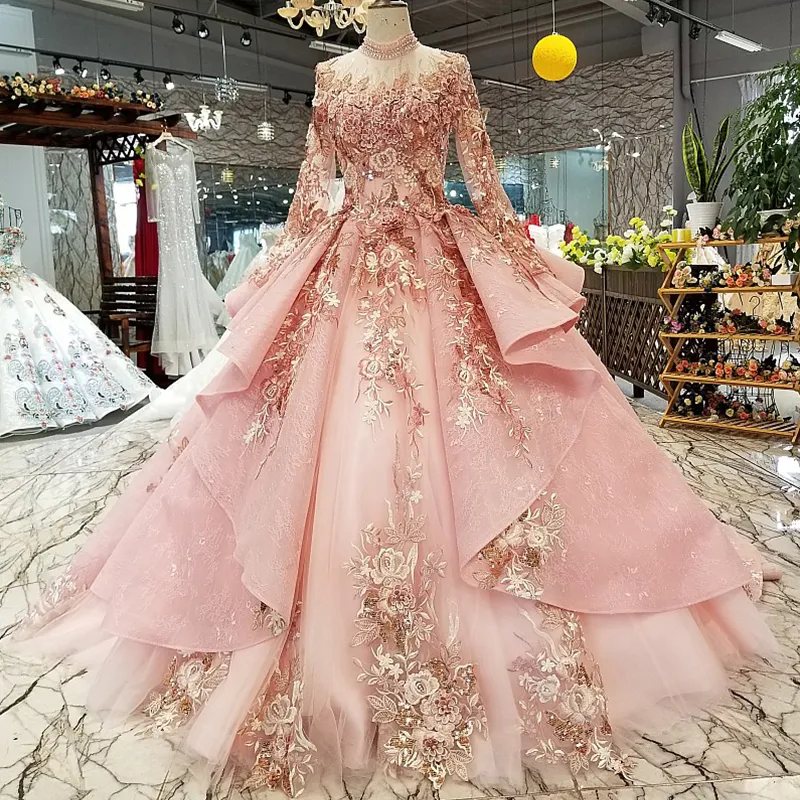 pink special dubai puffy party dresses high neck long tulle sleeve lace up back evening dresses can make for muslim