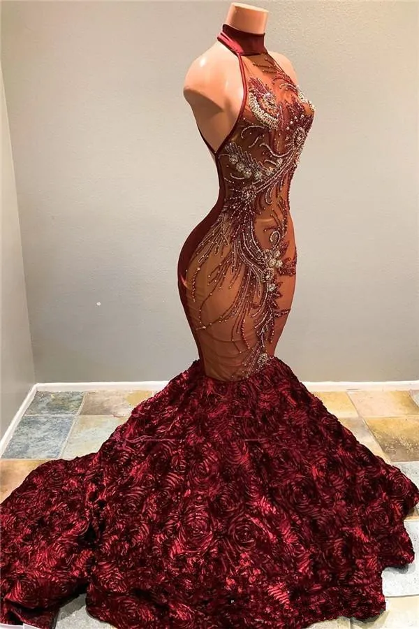Burgundy Lace Mermaid Burgundy Mermaid prom dress with 3D Flowers and High Neckline - 2020 Collection (BC1181)