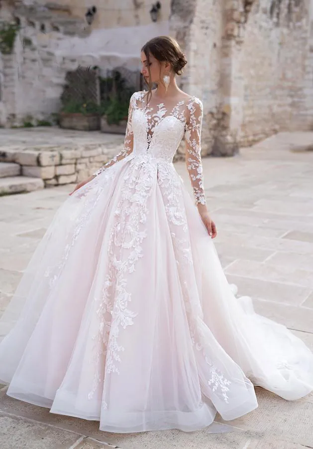 Abito Da Sposa Moderno A Line Con Maniche Lunghe Al Collo, Tessuto