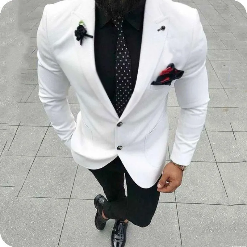 High Quality Two Buttons White Groom Tuxedos Peak Lapel Men Suits 2 pieces Wedding/Prom/Dinner Blazer (Jacket+Pants+Tie) W703
