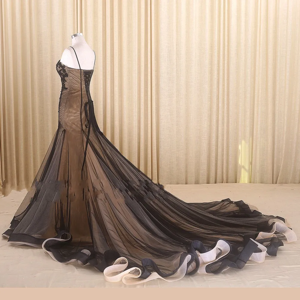 Black and Champagne Mermaid Black Mermaid wedding dress with Long Train, Lace Beading, Spaghetti Straps, Sweetheart Neckline, and L-up Back - Perfect