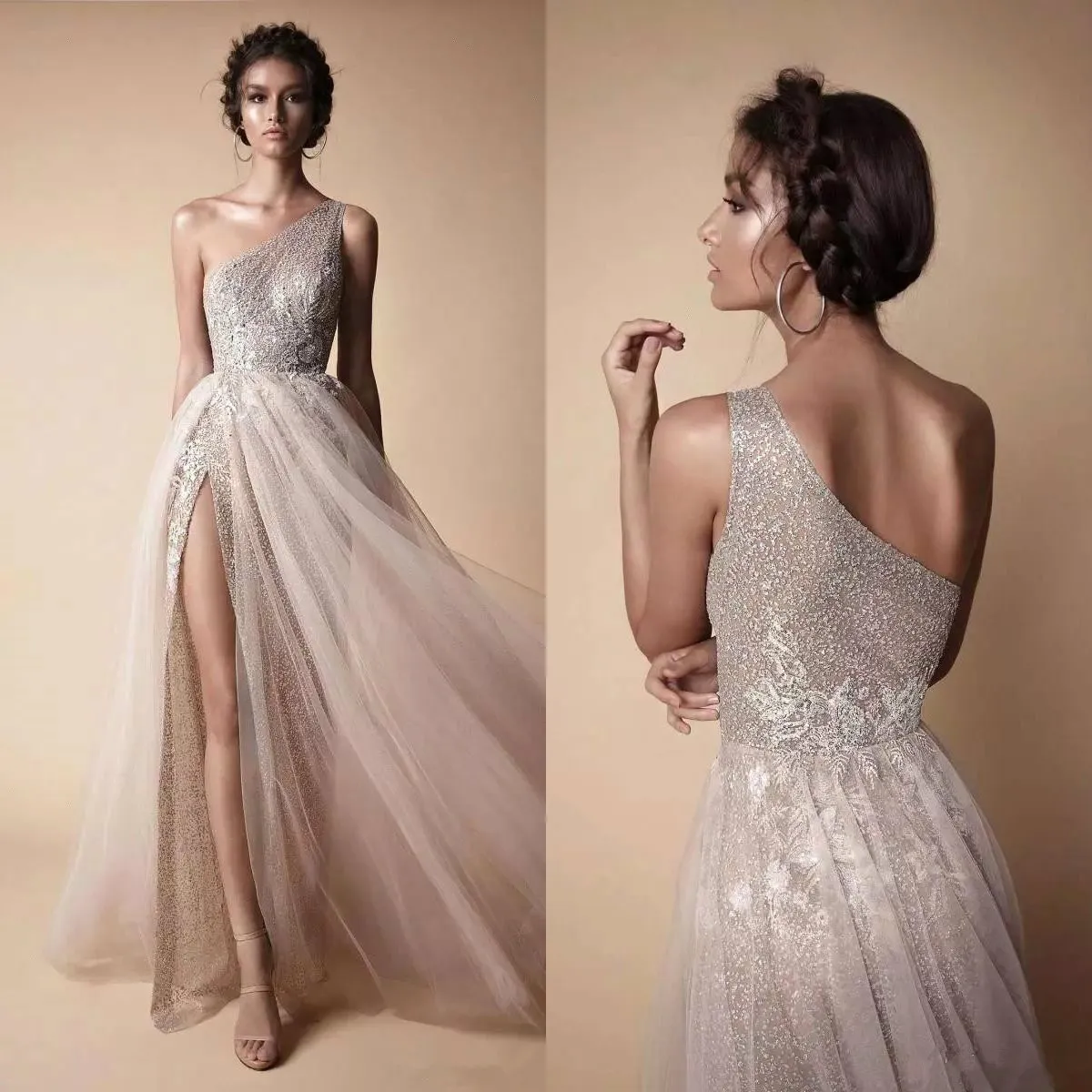 Sexy One Shoulder Beading Split Evening Dresses Long Prom Dresses With Long Sleeves main image 1