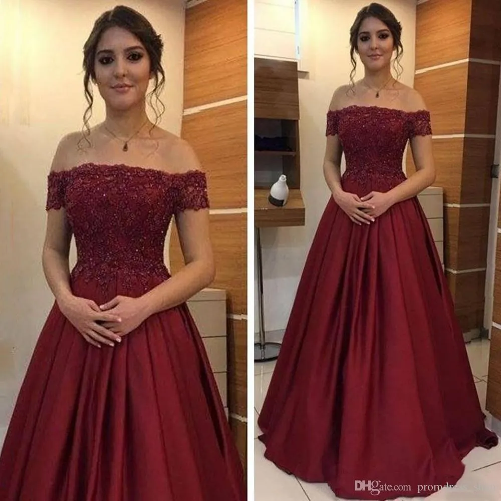 Burgunderrotes langes A-Linie-Abschlussballkleid, schulterfrei, Spitze, bodenlanges Kleid, Satin, elegante Abendkleider, Abschlussballkleid, Robe de Soiree