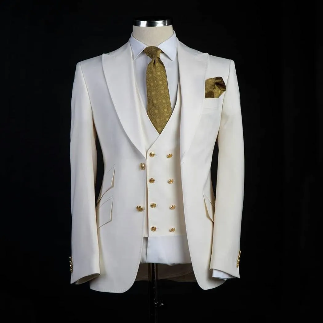 New Arrival Groomsmen Ivory Groom Tuxedos Peak Lapel Men Suits Wedding Best Man Bridegroom Blazer (Jacket + Pants + Vest + Tie) L234
