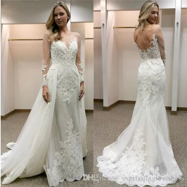 White Detachable Sexy Mermaid Wedding Dresses Open Back Lace Appliques Sheath Long Sleeves Tulle Modern Bridal Gowns Vestidos De Novia