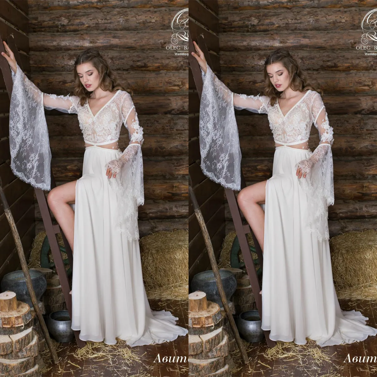 Oleg Baburow 2019 Bohemian Bröllopsklänningar V Neck Långärmade Lace Cutaway Sidor Chiffon Split Bridal Gowns Beach Wedding Dress