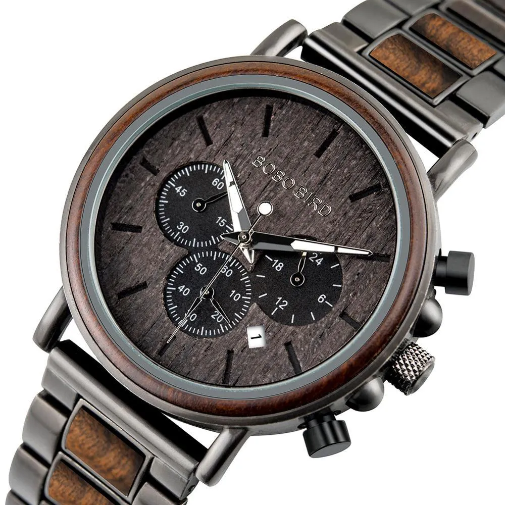 Bobo Bird Luxe Hout Rvs Mannen Horloge Stijlvolle Houten Timepieces Chronograph Quartz Horloges Relogio Masculino Gift Man T200620