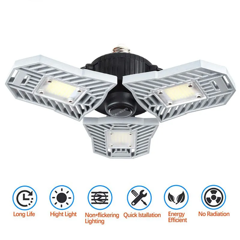 LED Garage Light 60W E27 6000LM Iluminação de teto deformável Lâmpadas de mineração ultra-brilhante Lâmpada de armazém com 3 painéis ajustáveis