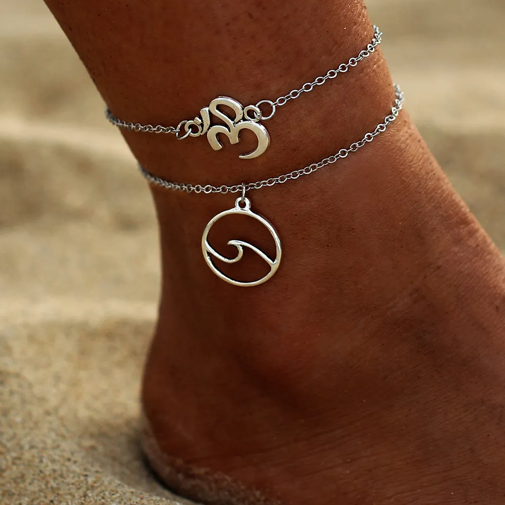 AY Винтажные многослойные слои OM Symbol Wave Anklets для женщин Богемский серебряный цветной браслет цвета на ноге летние украшения