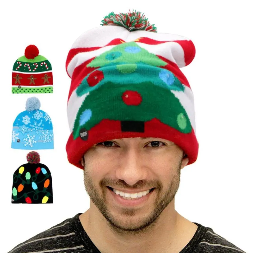 2020 New Year LED Light Christmas Hats Beanie Sweater knitted Christmas Light Up Knitted Hat for Kid Adult For Christmas Party 15 Style