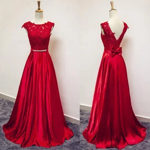 V Sin espalda Vestidos de fiesta de encaje rojo Una línea larga Bateau Cap Manga Arco Cinta Imperio Cintura Vestidos de noche Vestidos Ropa de noche Vestidos de fiesta formales